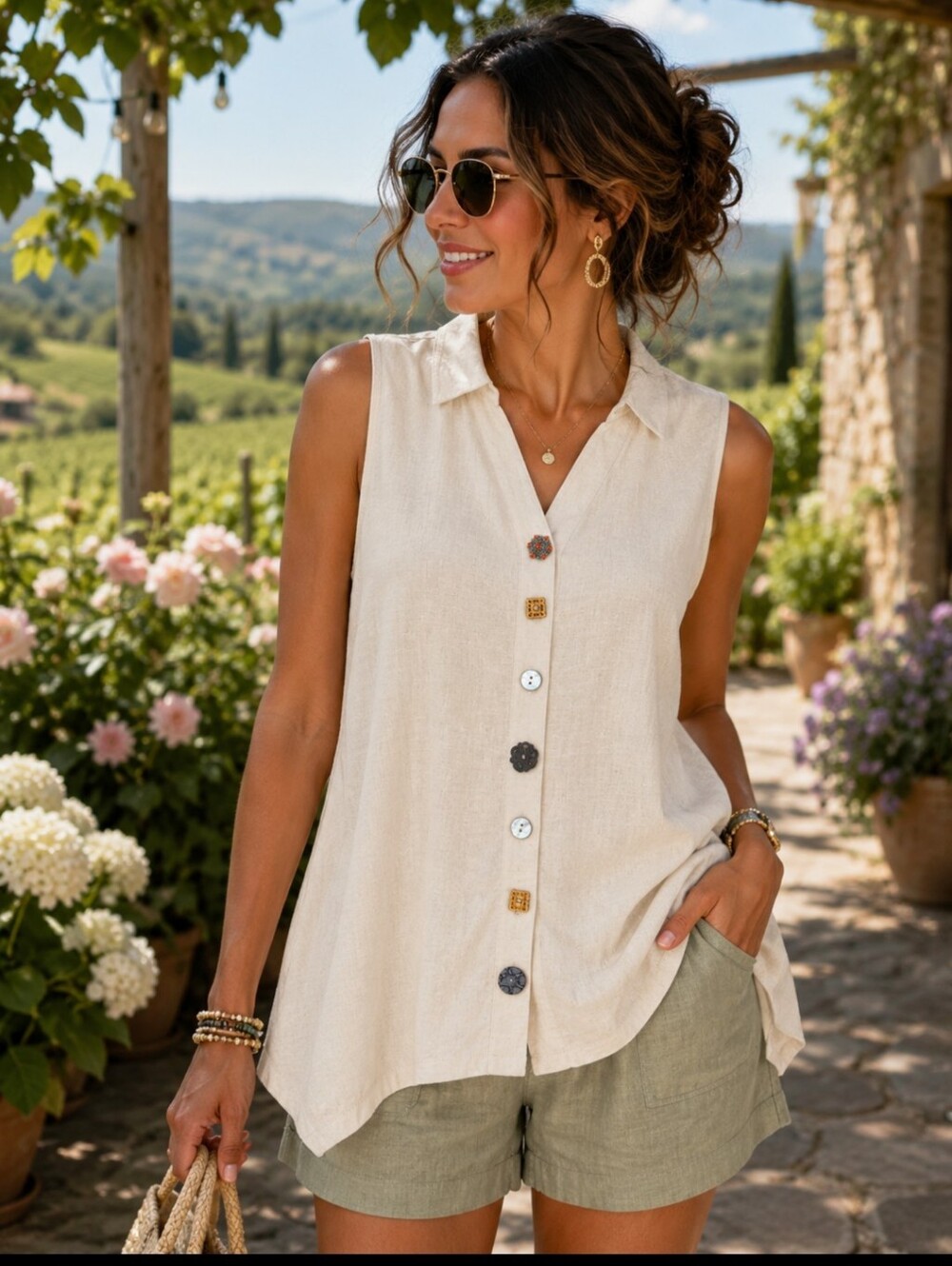 Soft Surroundings Sz S Collared Sleeveless Cream Button-Front Linen Blend Tunic